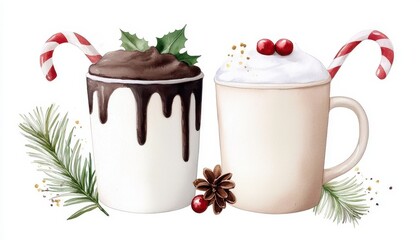 Christmas Hot Cocoa Mugs Watercolor. Festive winter beverage container art hand painted cozy holiday drinkware image warm chocolate cup graphic seasonal celebration element artistic