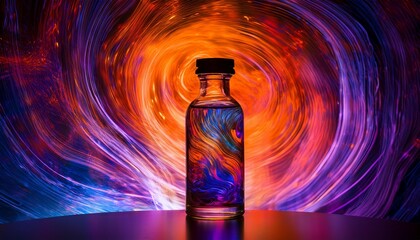 Colorful Glass Bottle Filled With Vibrant Liquid Stands Out Against A Swirling Background Of Purple And Orange Hues Illuminated By Sparkling Reflections In A Dark Setting