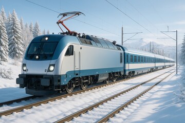Fototapeta premium Modern electric train traveling through snowy landscape with bright sunlight and pine trees in the background. Ai generative. Ai generative