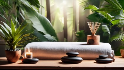 Serene Spa Setup With Massage Bed Hot Stones Diffuser And Tropical Houseplants