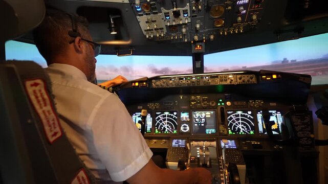 Commercial airline pilot operating flight simulator controls. Concept of aviation