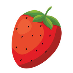 Bright vector illustration of a ripe red strawberry with green leaves and black seeds, isolated on white background. Simple flat design perfect for food graphics.