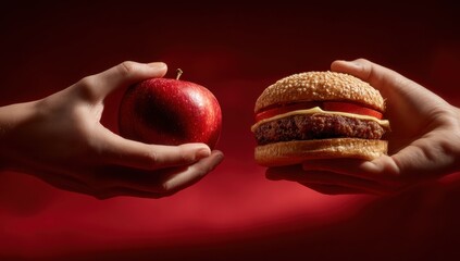 Healthy eating choices versus fast food temptations, a balanced diet concept with apple and burger on red background