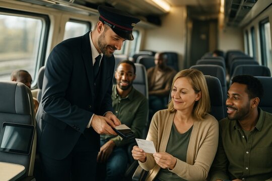 Smiling train conductor checks tickets of happy passengers during daytime journey inside a modern, well-lit train carriage interior background. Ai generative