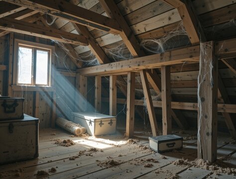 Dusty attic room with old wooden beams and cobwebs - Powered by Adobe