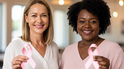 Two happy and diverse women one Black and one white smile and hold pink ribbons to support Breast Cancer Awareness Month symbolizing unity and hope

 - Powered by Adobe