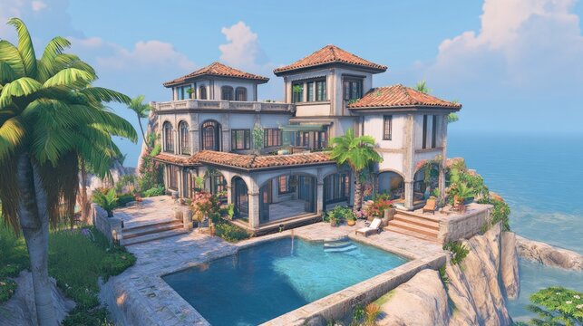 Mediterranean Coastal Mansion: Oceanfront Luxury Estate - Powered by Adobe