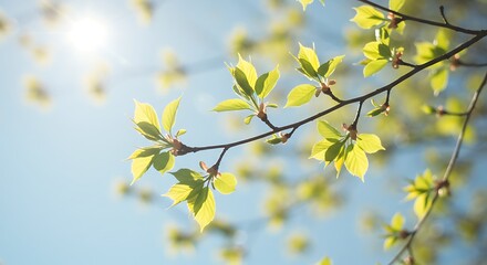 Delicate spring branches with fresh light-green leaves, soft blue pastel sky, sunlight filtering through foliage