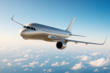 Obraz premium Futuristic silver passenger airplane flying above clouds in bright daylight sky, symbolizing modern air transport and innovation concept.
