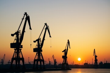 Silhouettes of industrial port cranes at sunset with orange sky and sun on the horizon in peaceful evening harbor background. Ai generative