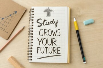 Notebook with handwritten study quote and pencil on wood