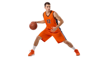 Basketball player dribbles in orange uniform during practice session in a gym