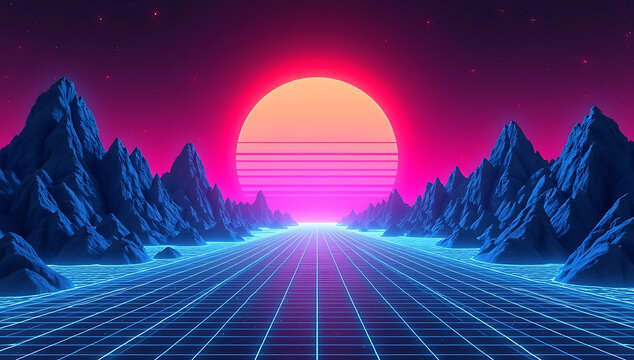Retrofuturistic neon landscape with setting sun and grid road