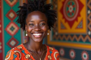 Fototapeta premium African Woman: A Joyful Expression in a Vibrant Portrait with Cultural Patterns in the Background