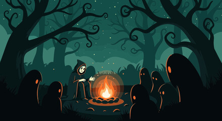 Eerie campfire gathering with hooded figure and spectral silhouettes in dark woods