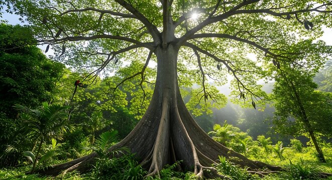 Majestic kapok tree rising amidst the verdant rainforest canopy, a tropical scene