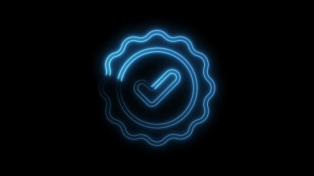 Glowing blue approved check mark icon animation on dark background abstract certification symbol