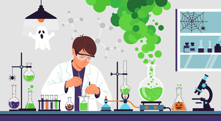 Spooky laboratory setup with scientist conducting experiments and halloween vibes