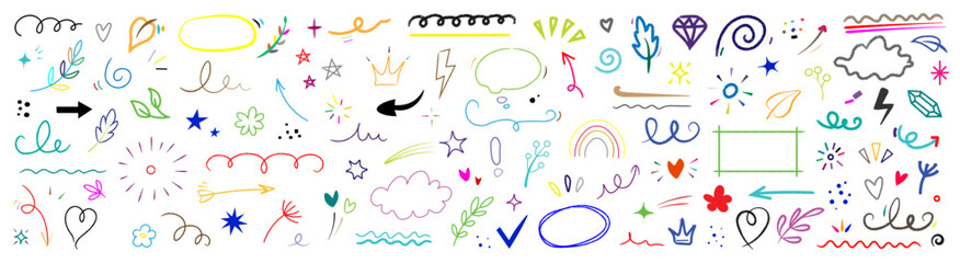 Hand-Drawn Doodle Elements Collection – Colorful Arrows, Hearts, Stars, Scribbles, and Decorative Sketches