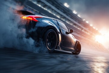 a sports car drifting on the track, with smoke billowing from under the wheels and a motion blur background.