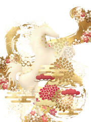 2026年　午年「華やかで縁起の良い白馬の年賀状素材」（和風ゴールド・フラワー ベクター）