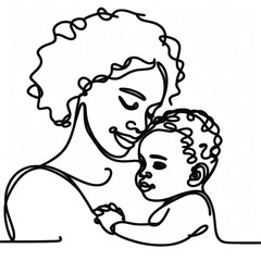 Continuous one line drawing of a loving Black mother and her baby.