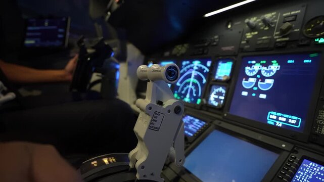 Close-up on throttle lever followed by wide shot of pilot flying commercial aircraft at night. Concept of aviation, flight operation, night duty.