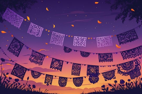 Mexican Papel Picado Banners Twilight Sky Silhouette