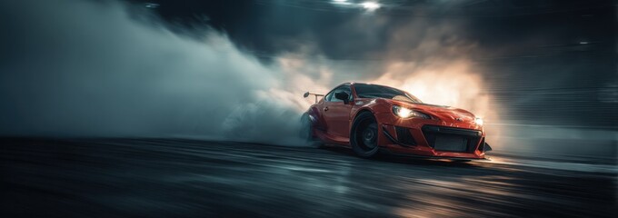 a sports car drifting on the track, with smoke billowing from under the wheels and a motion blur background.