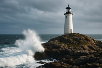 Obraz premium Majestic lighthouse on rocky cliff with crashing ocean waves under dramatic sky, symbolizing guidance and resilience amidst nature's fury. Ai generative