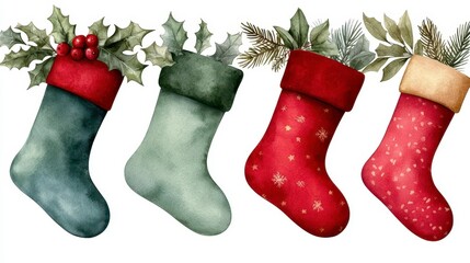 Christmas Stockings in watercolor style illustration isolated on white background. Festive holiday sock artistic digital painting graphic resource blank backdrop xmas