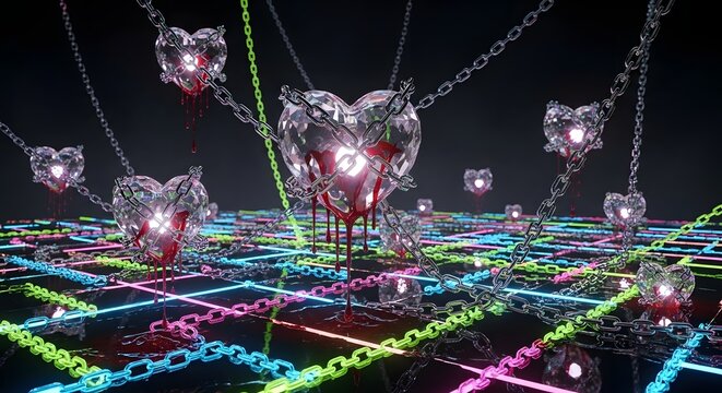 Digital rendering of glowing crystal hearts trapped by luminous chains in a complex abstract structure