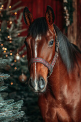 Fototapeta premium A portrait of a brown horse with a black mane next to a Christmas tree decorated with garland. Concept for the winter Christmas holidays.