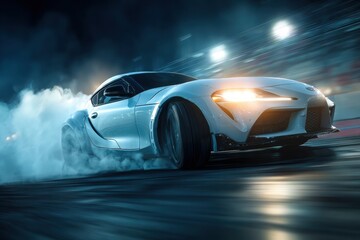 a sports car drifting on the track, with smoke billowing from under the wheels and a motion blur background.