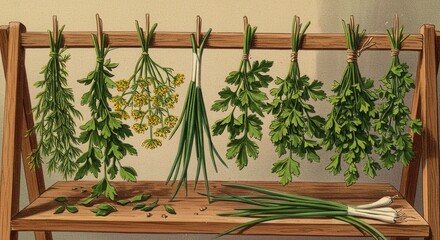 Dried herbs hanging on wooden rack in rustic kitchen style for culinary enthusiasts copy space