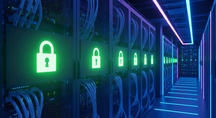 Data center server room with green padlock icons. Concept of cybersecurity, data protection, and network security.