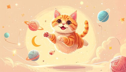 Adorable cartoon cat floating amongst planets and celestial objects