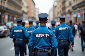Urban Security Team in Blue Uniforms Patrolling Busy City Street: A Diverse and Watchful Patrol Ensuring Safety and Unity.