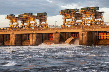 Ivankovo hydroelectric dam in Dubna, Russia at sunrise on the Volga River