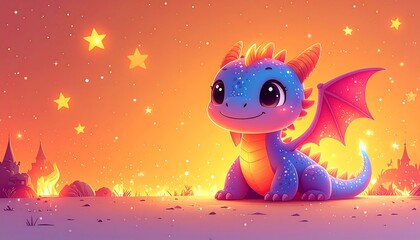 Adorable cartoon dragon character with vibrant blue scales and orange background