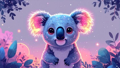 Adorable cartoon koala bear smiling surrounded by colorful foliage