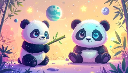 Adorable panda bears in a vibrant whimsical scene with bamboo and celestial elements