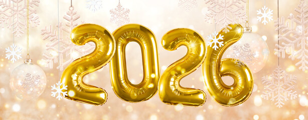 banner, gold inflatable balloons shaped as the numbers 2026 on a beige background, abstract background champagne bokeh shine