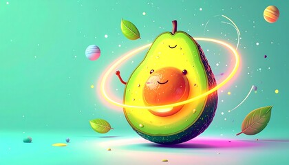 Animated avocado character with glowing halo on turquoise background