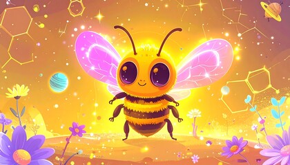 Animated bee illustration with glowing wings and celestial background