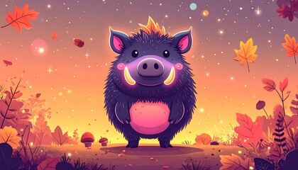 Animated boar character in autumnal setting against a gradient sky