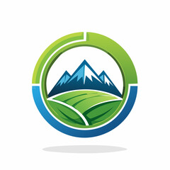 Circular logo with mountains, green fields, and a gradient ring.