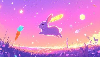 Animated bunny leaping towards glowing carrot against starry sky