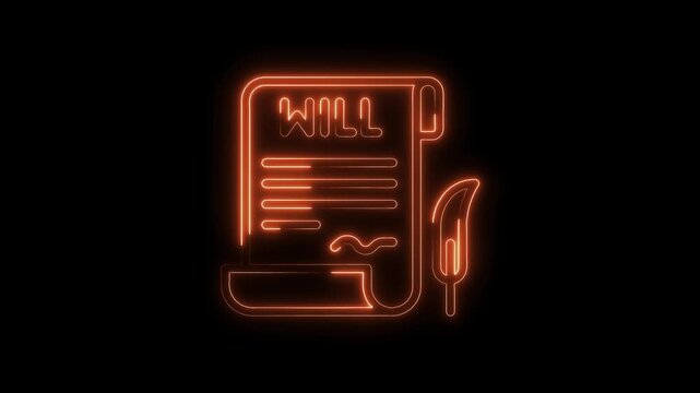 Neon glow will document and quill pen animation on black background estate planning