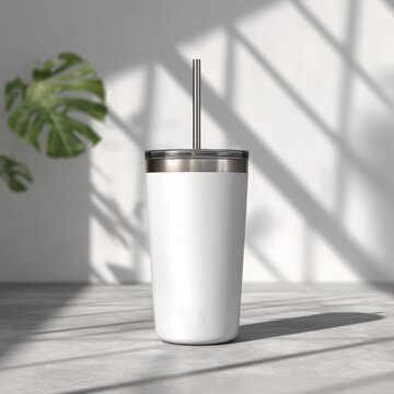 A sleek white tumbler with a stainless steel straw stands elegantly on a textured surface bathed in dd sunlight from a nearby potted monstera plant setting.